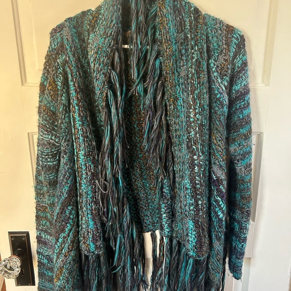 Free People Sweaters - Free People Teal and Brown Fringed Cardigan